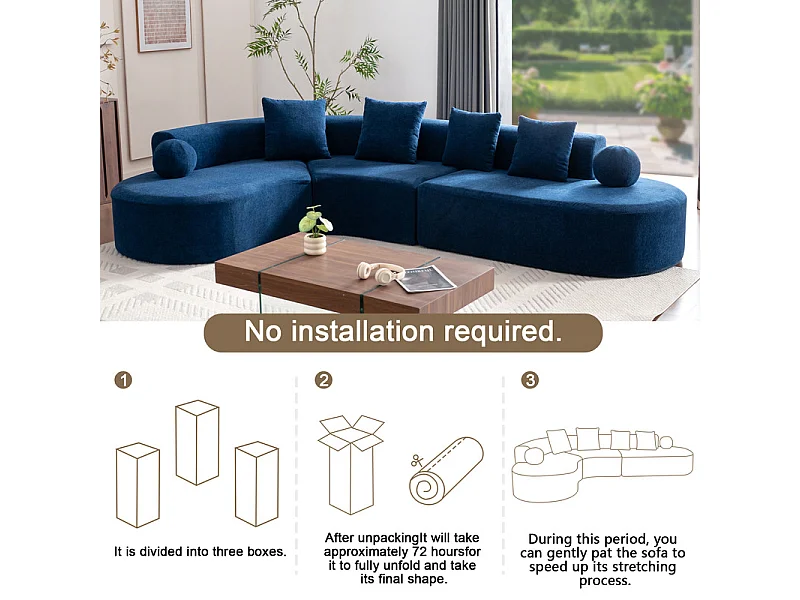 Canapé d'angle gauche modulable en Chenille - 5 Places - avec 4 oreillers - Bleu - 327x215x65cm