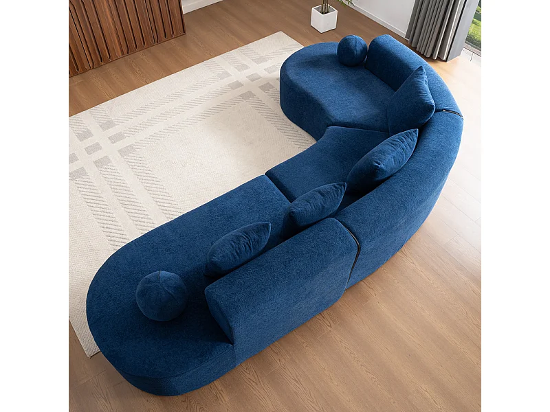 Canapé d'angle gauche modulable en Chenille - 5 Places - avec 4 oreillers - Bleu - 327x215x65cm