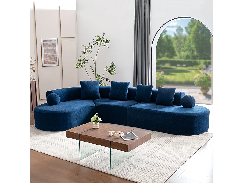 Modulares Ecksofa links Chenille - 5-Sitzer - 4 Zierkissen - Blau - 327x215x65cm
