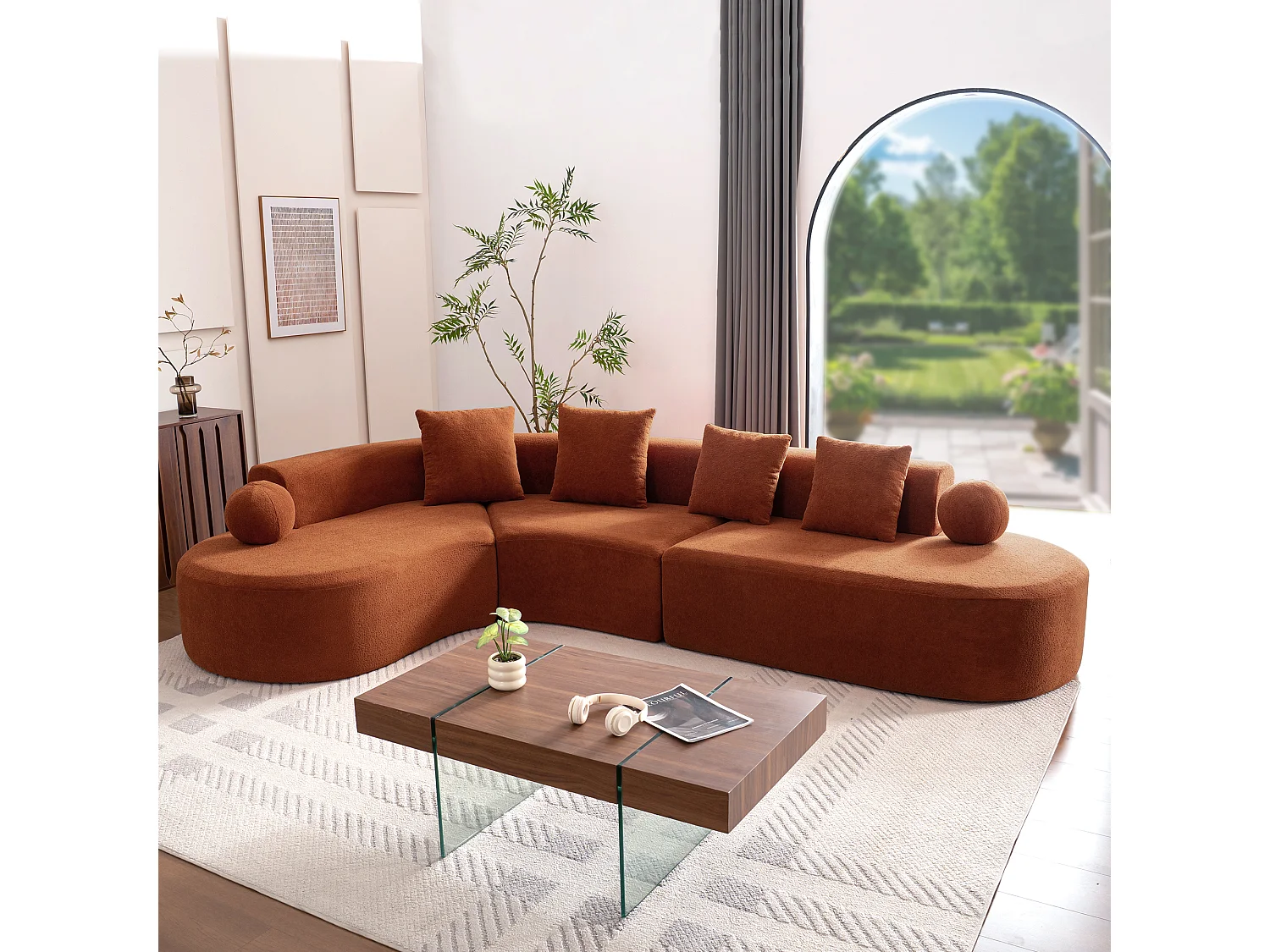 Canapé d'angle gauche modulable en Chenille - 5 Places - avec 4 oreillers - Orange - 327x215x65cm