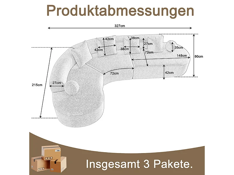 Canapé d'angle gauche modulable en Chenille - 5 Places - avec 4 oreillers - Orange - 327x215x65cm