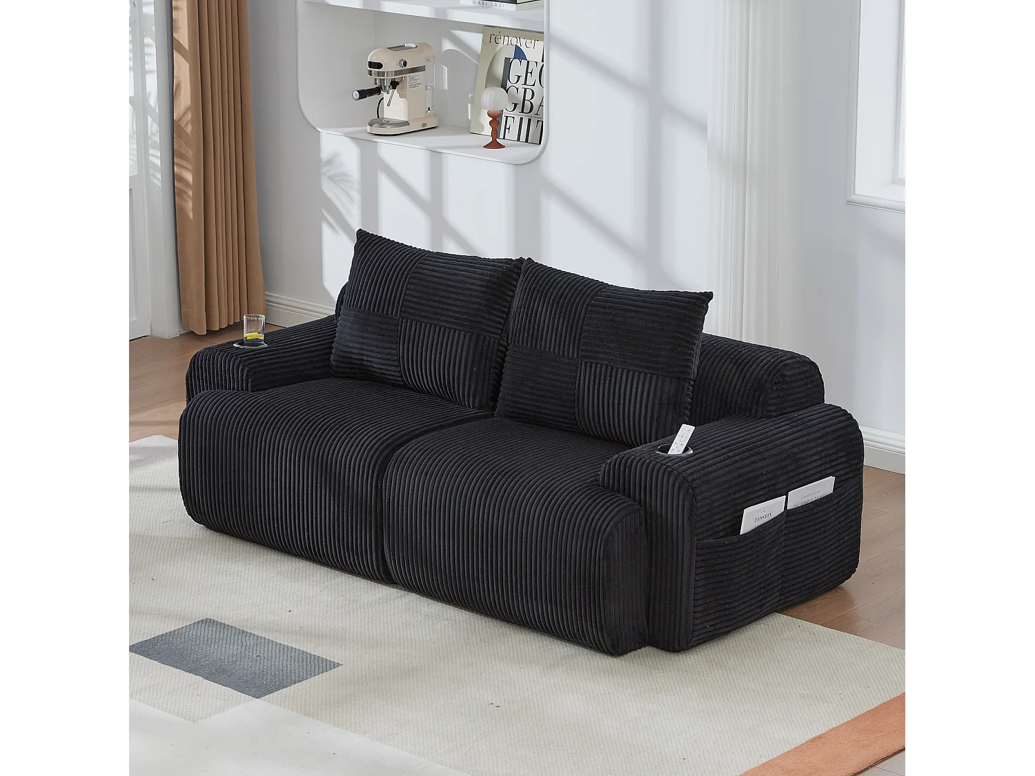 Canapé 2 places modulable en Velours côtelé, avec porte-gobelets et poche latérale, 200x99x80cm, Noir