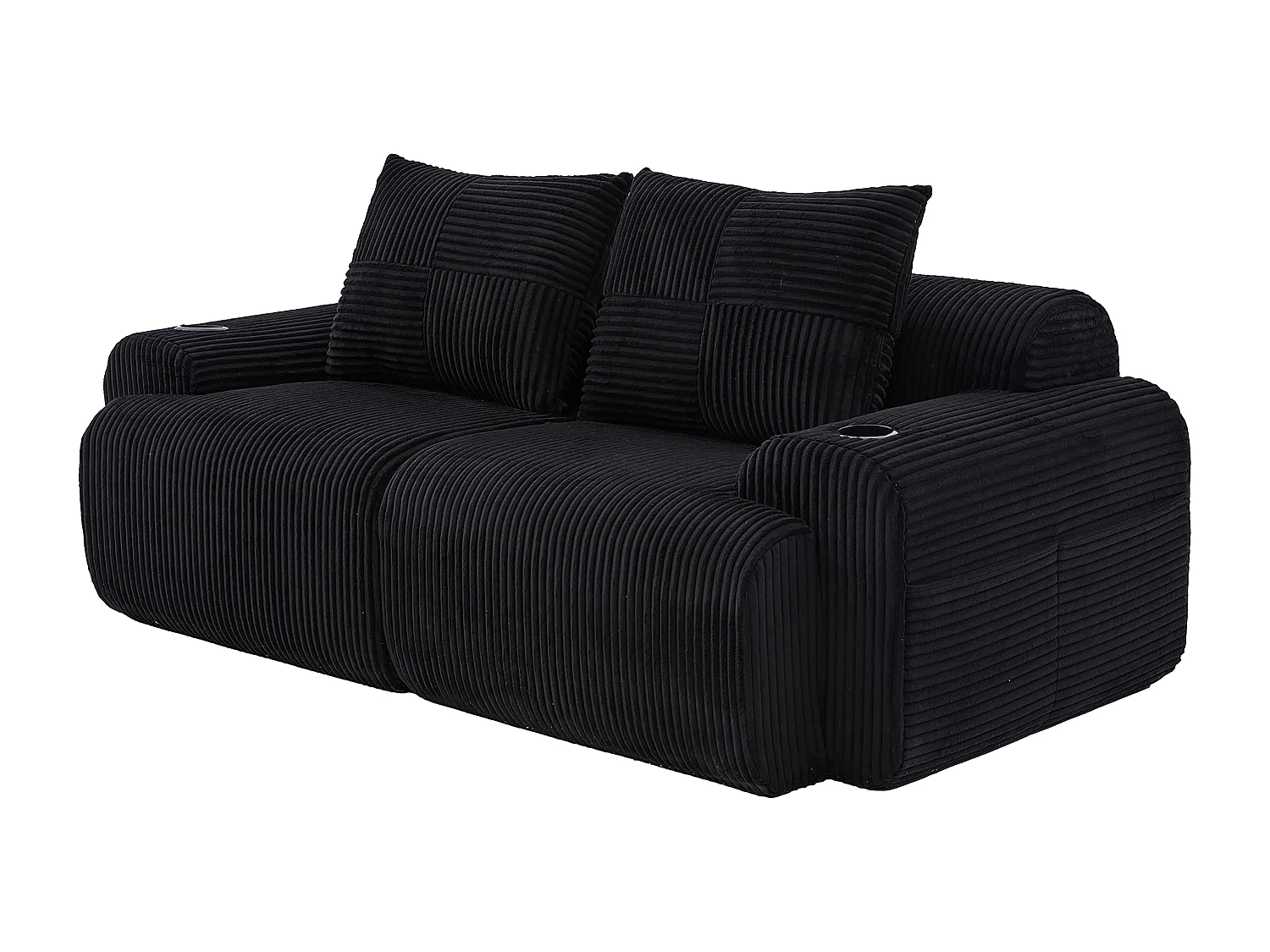 Canapé 2 places modulable en Velours côtelé, avec porte-gobelets et poche latérale, 200x99x80cm, Noir