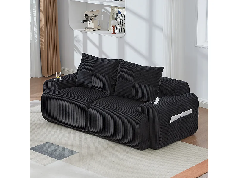 Canapé 2 places modulable en Velours côtelé, avec porte-gobelets et poche latérale, 200x99x80cm, Noir
