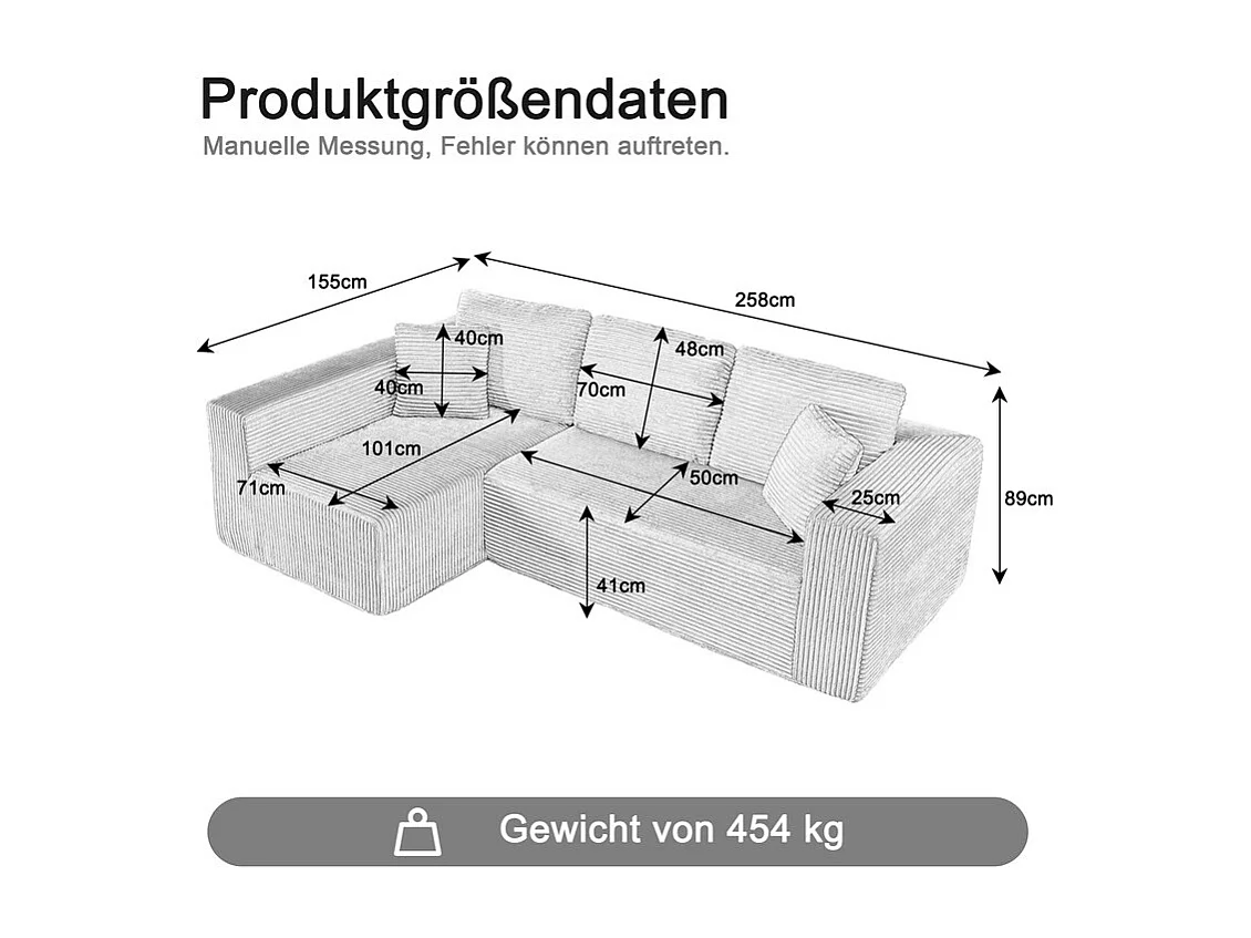 Canapé 3 places d'angle gauche modulable - en Velours côtelé Beige - avec 2 oreillers et méridienne - 258x155x89cm