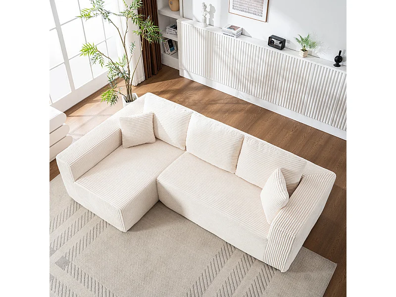 Canapé 3 places d'angle gauche modulable - en Velours côtelé Beige - avec 2 oreillers et méridienne - 258x155x89cm