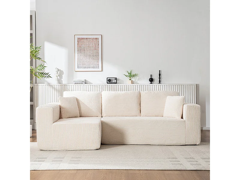 Canapé 3 places d'angle gauche modulable - en Velours côtelé Beige - avec 2 oreillers et méridienne - 258x155x89cm