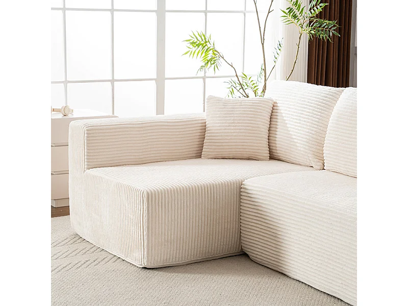 Canapé 3 places d'angle gauche modulable - en Velours côtelé Beige - avec 2 oreillers et méridienne - 258x155x89cm