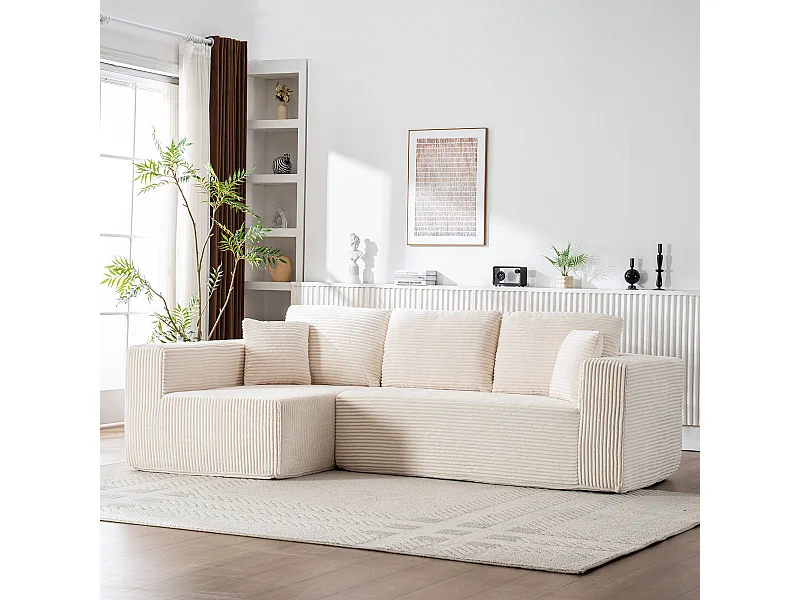 Sofá 3 plazas ángulo izquierdo modular - Terciopelo acanalado Beige - 2 orejeros, chaise - 258x155x89cm