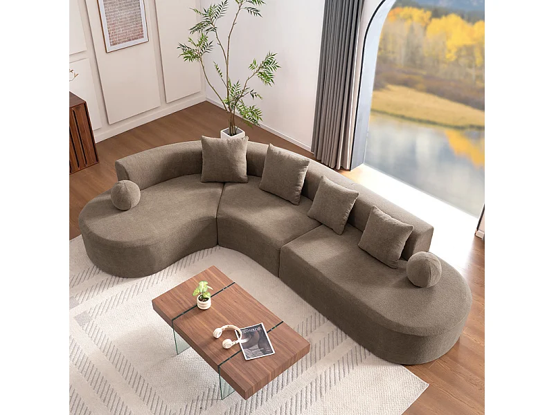 Canapé d'angle gauche modulable en Chenille - 5 Places - avec 4 oreillers - Marron - 327x215x65cm