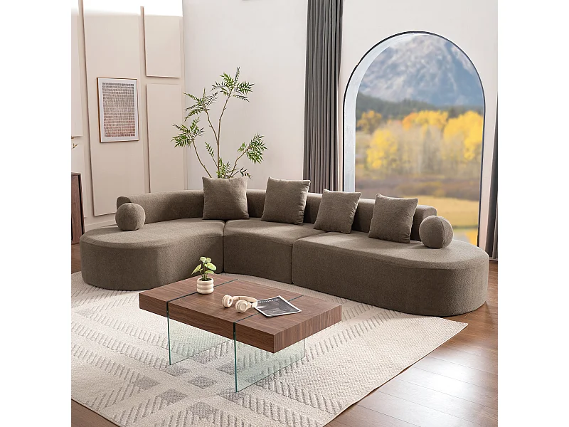 Modulares Ecksofa links Chenille - 5-Sitzer - 4 Zierkissen - Braun - 327x215x65cm