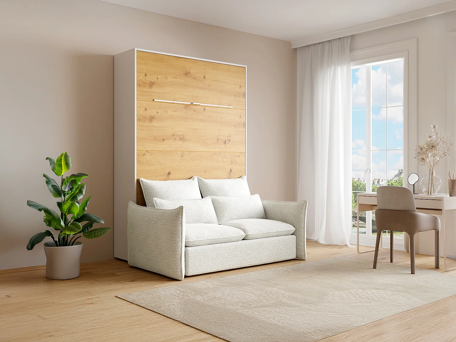 Lit escamotable 160 x 200 cm - Ouverture verticale manuelle - Avec LEDs - Blanc et naturel + Canapé + Matelas - RAPILI