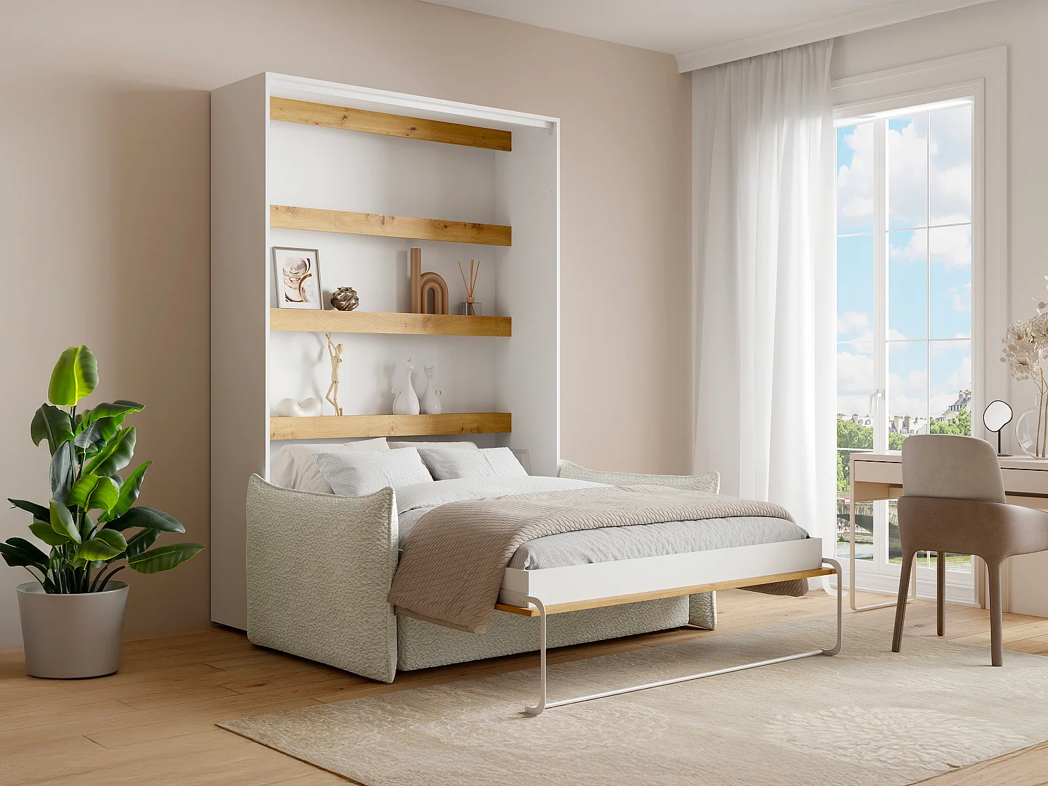 Lit escamotable 160 x 200 cm - Ouverture verticale manuelle - Avec LEDs - Blanc et naturel + Canapé + Matelas - RAPILI