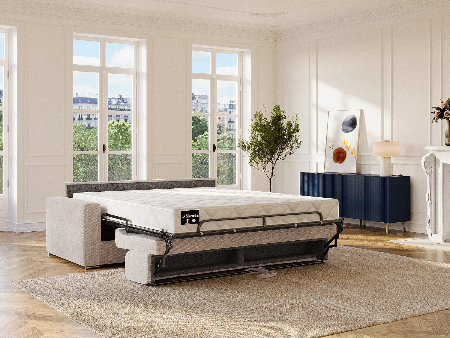 Canapé 3 places convertible express en tissu beige - Couchage à lattes larges 140 cm - Matelas 22 cm avec mémoire de forme CALITO