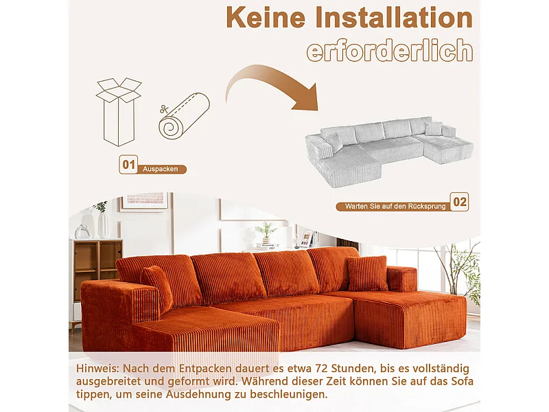 Canapé d'angle panoramique - en Velours côtelé Orange - avec 4 coussins, 2 oreillers et 2 méridiennes - 332x156x88cm