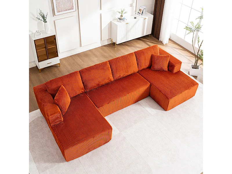 Canapé d'angle panoramique - en Velours côtelé Orange - avec 4 coussins, 2 oreillers et 2 méridiennes - 332x156x88cm