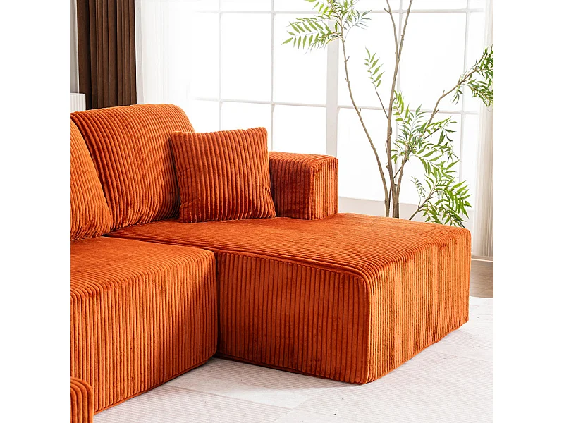 Canapé d'angle panoramique - en Velours côtelé Orange - avec 4 coussins, 2 oreillers et 2 méridiennes - 332x156x88cm