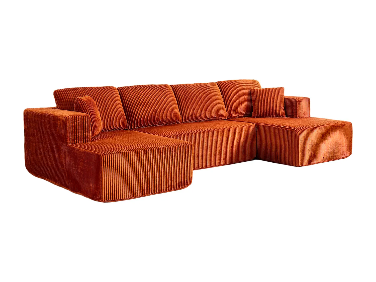 Canapé d'angle panoramique - en Velours côtelé Orange - avec 4 coussins, 2 oreillers et 2 méridiennes - 332x156x88cm