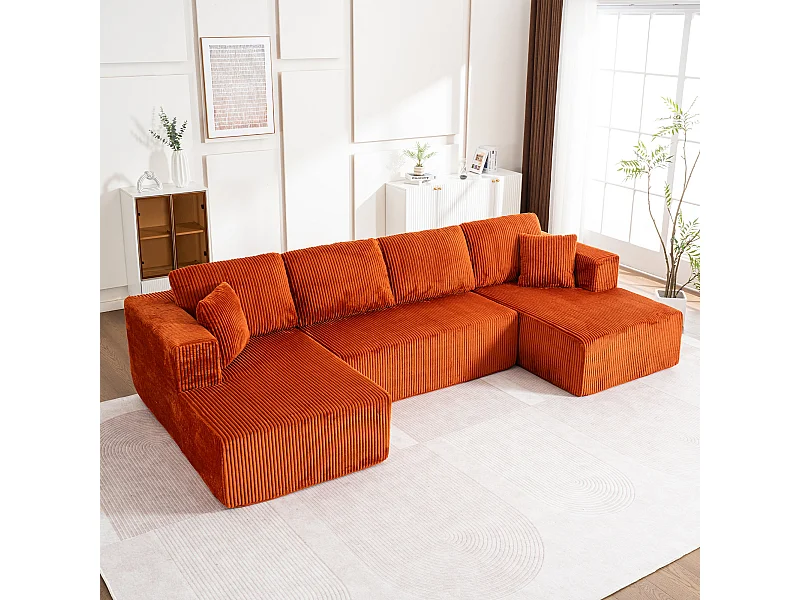 Canapé d'angle panoramique - en Velours côtelé Orange - avec 4 coussins, 2 oreillers et 2 méridiennes - 332x156x88cm