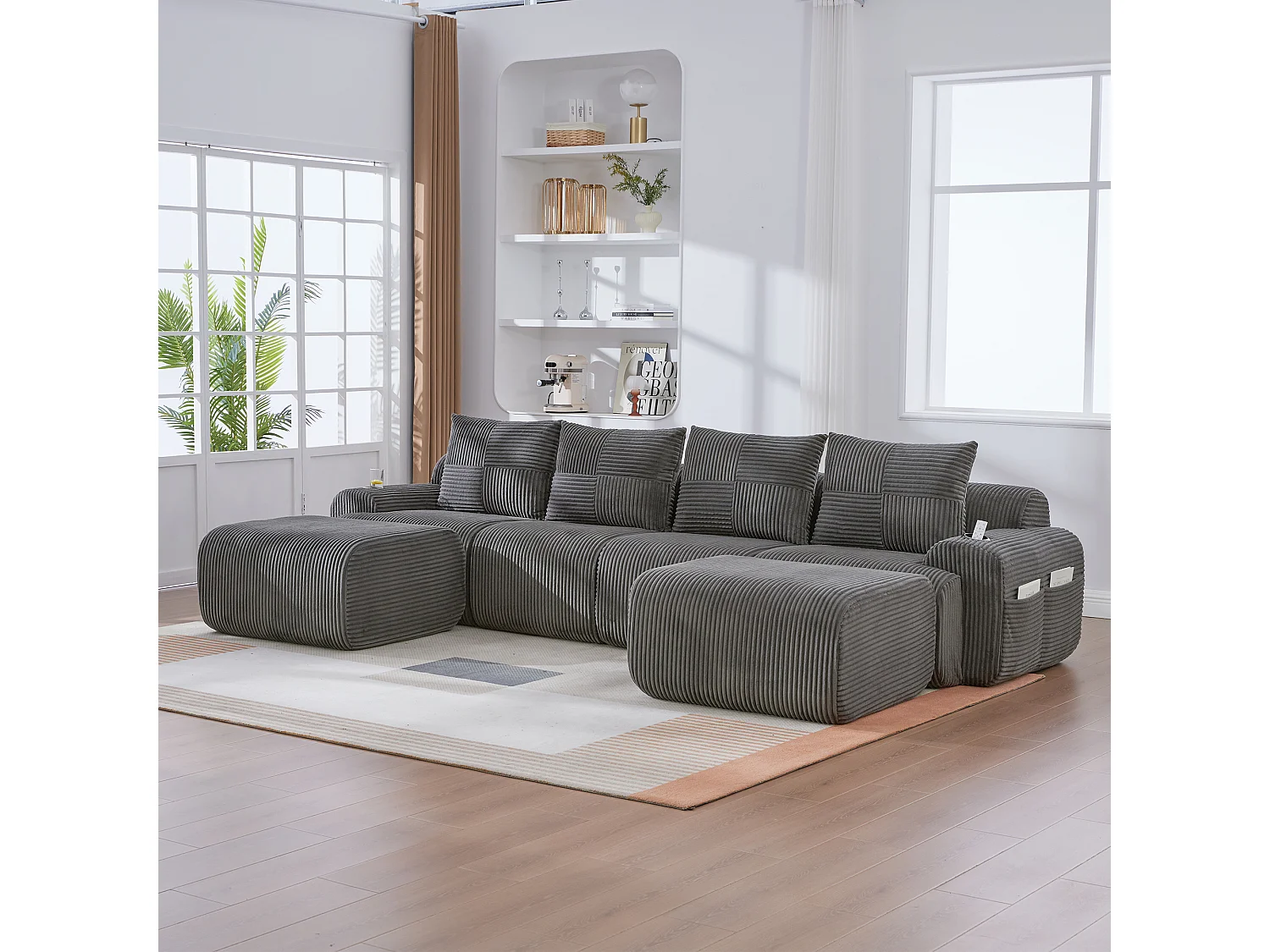 Canapé 4 places d'angle modulable en Velours côtelé, avec 2 pouf et 4 coussins, 333x174x80cm, Gris anthracite