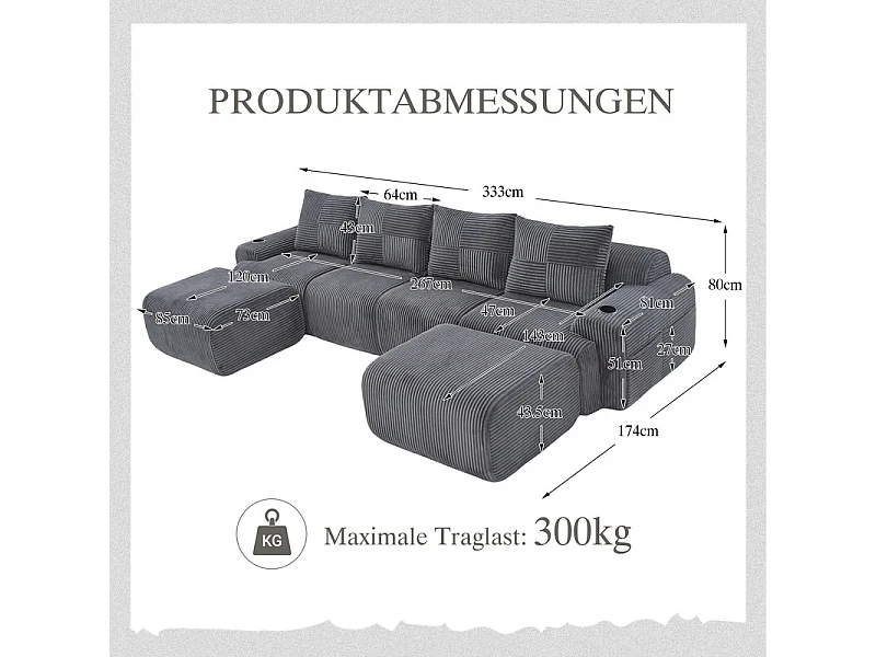 Canapé 4 places d'angle modulable en Velours côtelé, avec 2 pouf et 4 coussins, 333x174x80cm, Gris anthracite