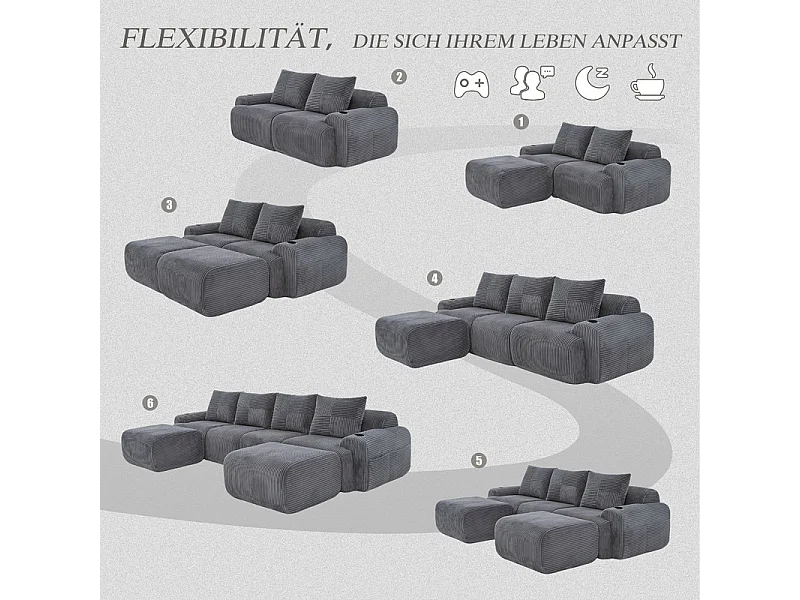 Canapé 4 places d'angle modulable en Velours côtelé, avec 2 pouf et 4 coussins, 333x174x80cm, Gris anthracite