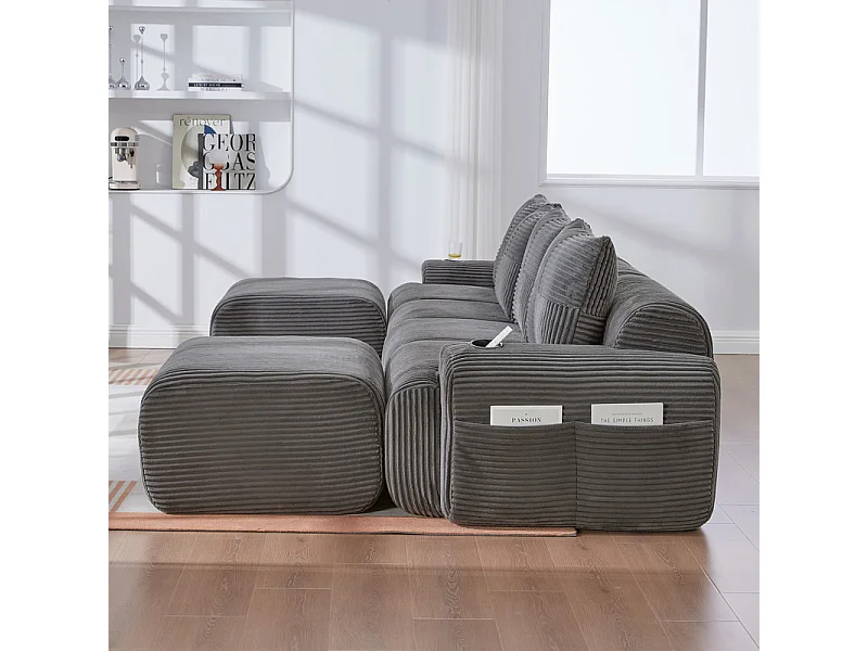 Canapé 4 places d'angle modulable en Velours côtelé, avec 2 pouf et 4 coussins, 333x174x80cm, Gris anthracite