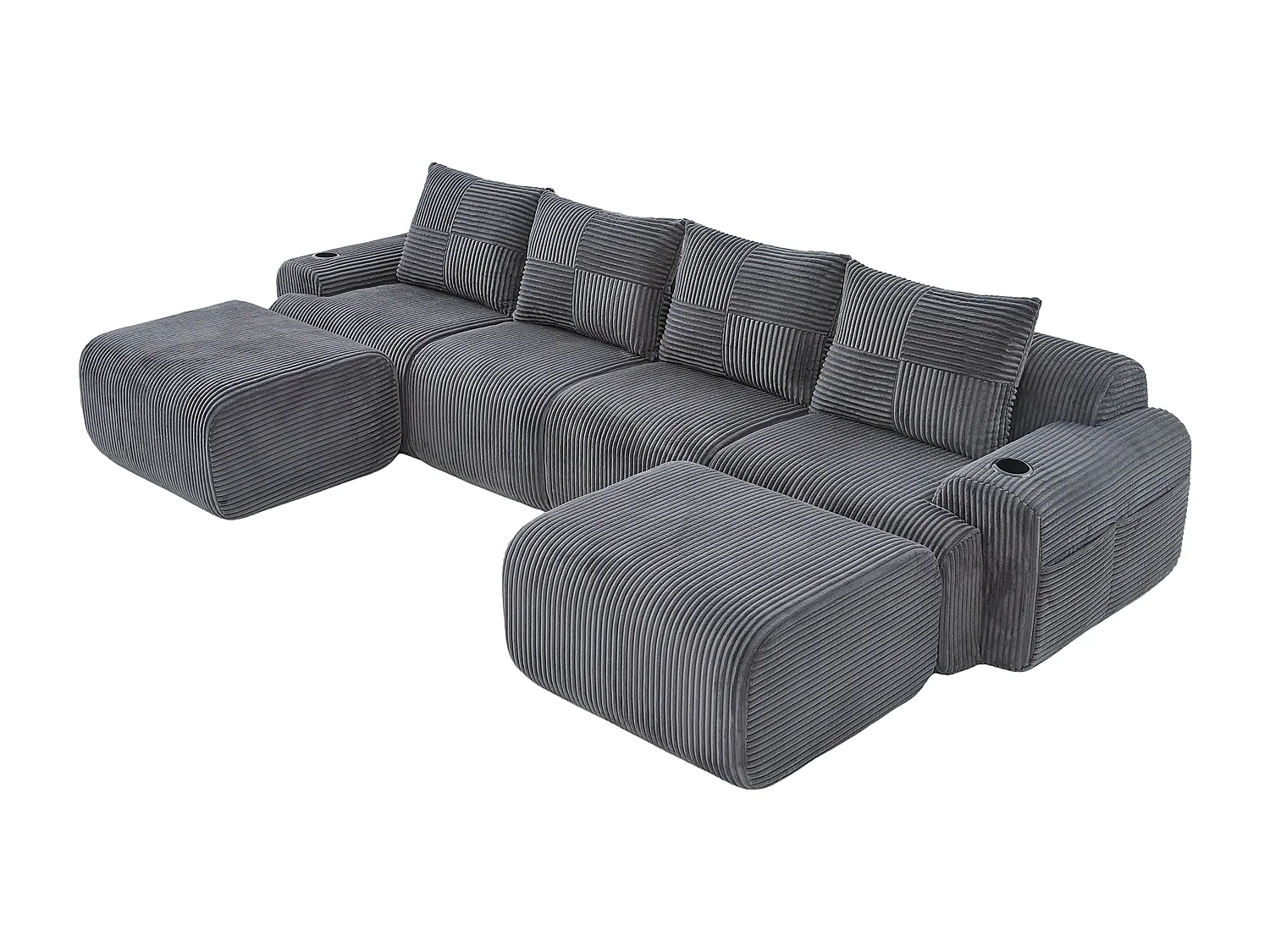 Canapé 4 places d'angle modulable en Velours côtelé, avec 2 pouf et 4 coussins, 333x174x80cm, Gris anthracite