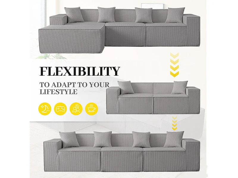 Canapé 3 places d'angle modulable - en Velours côtelé gris - avec pouf et 4 oreillers - 277x165,5x65,5cm