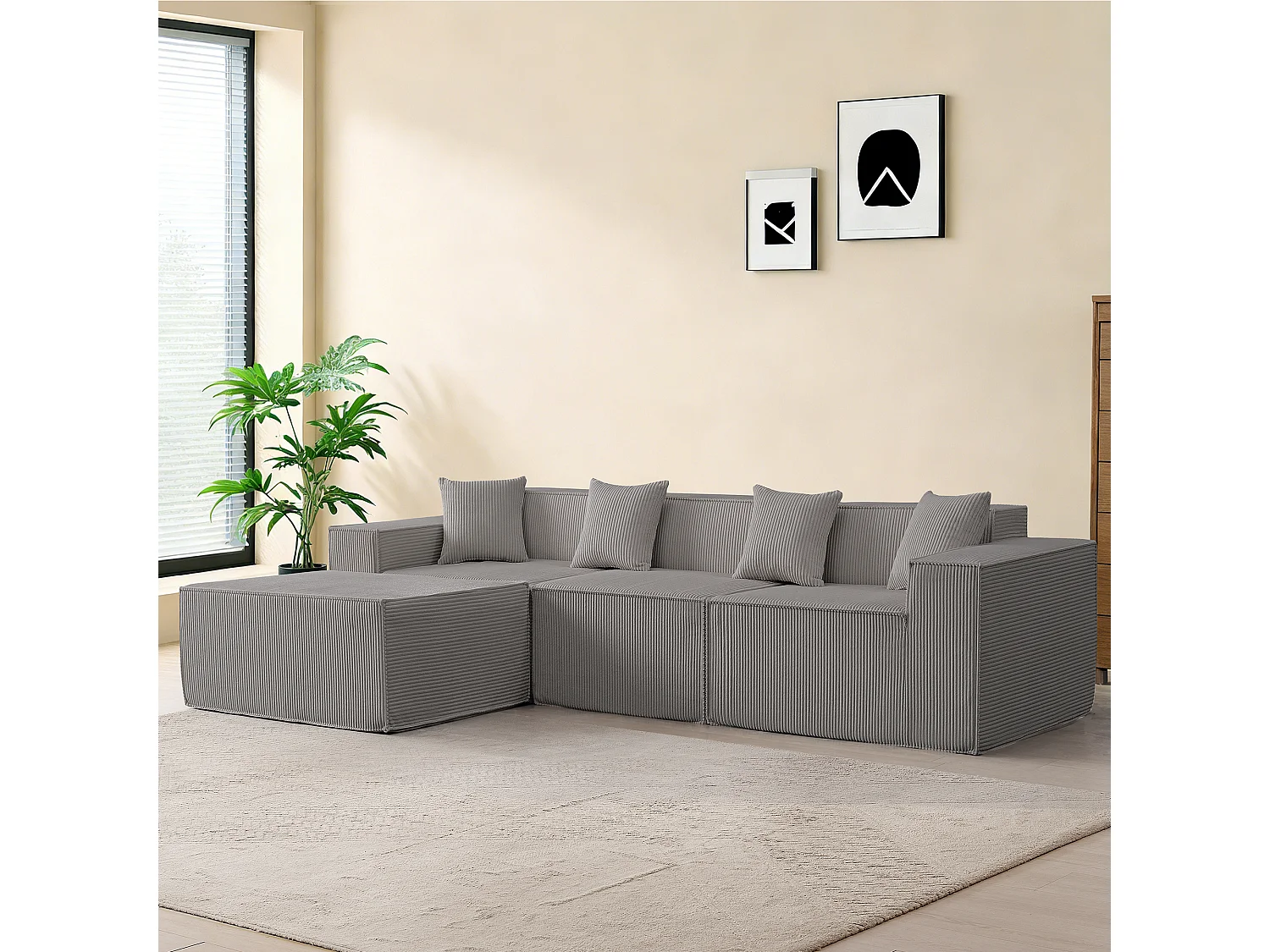 Canapé 3 places d'angle modulable - en Velours côtelé gris - avec pouf et 4 oreillers - 277x165,5x65,5cm