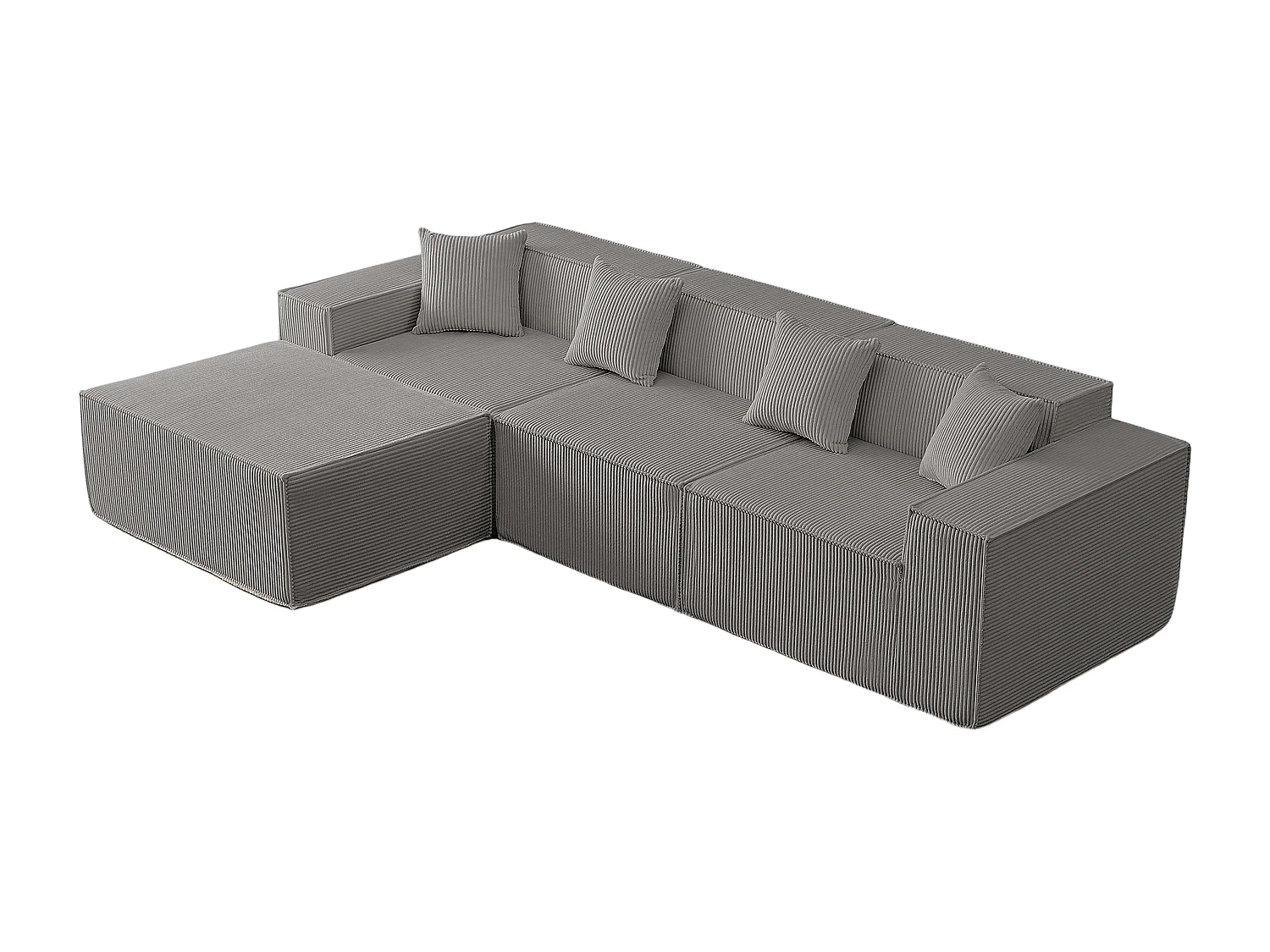 Canapé 3 places d'angle modulable - en Velours côtelé gris - avec pouf et 4 oreillers - 277x165,5x65,5cm