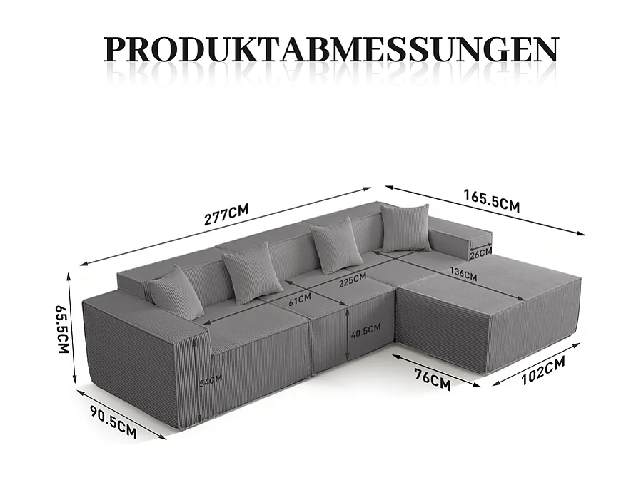 Canapé 3 places d'angle modulable - en Velours côtelé gris - avec pouf et 4 oreillers - 277x165,5x65,5cm