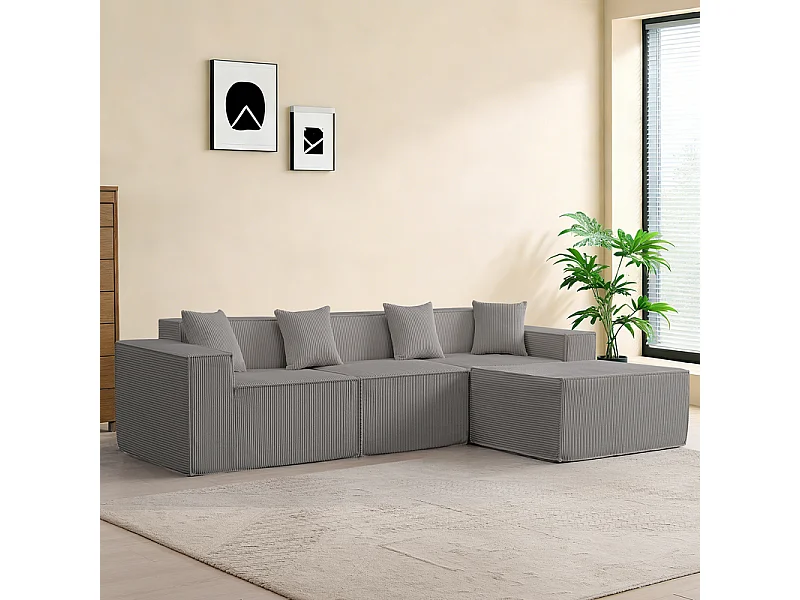 Canapé 3 places d'angle modulable - en Velours côtelé gris - avec pouf et 4 oreillers - 277x165,5x65,5cm
