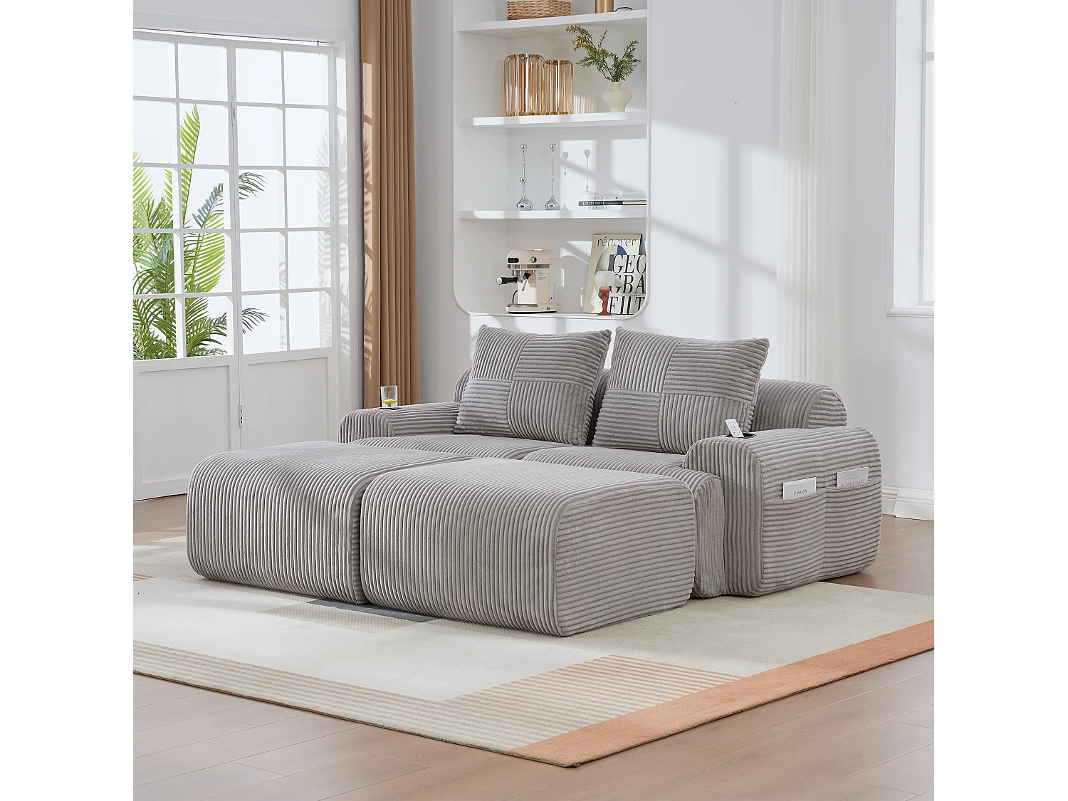 Canapé d'angle Modulable en Velours côtelé, avec porte-gobelets, 2 pouf et 2 coussins, 200x174x80cm, Gris clair