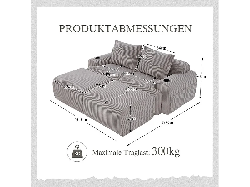 Canapé d'angle Modulable en Velours côtelé, avec porte-gobelets, 2 pouf et 2 coussins, 200x174x80cm, Gris clair