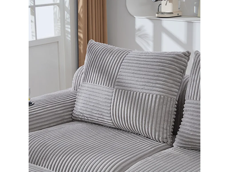 Canapé d'angle Modulable en Velours côtelé, avec porte-gobelets, 2 pouf et 2 coussins, 200x174x80cm, Gris clair