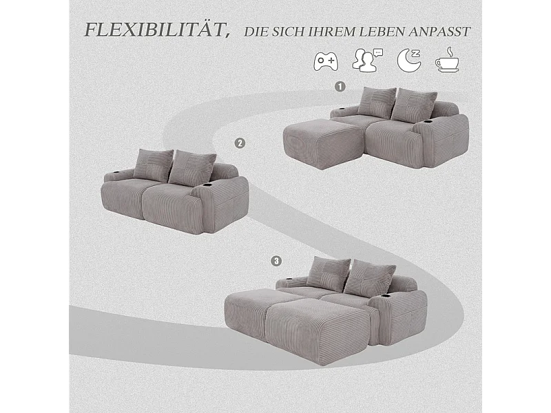Canapé d'angle Modulable en Velours côtelé, avec porte-gobelets, 2 pouf et 2 coussins, 200x174x80cm, Gris clair