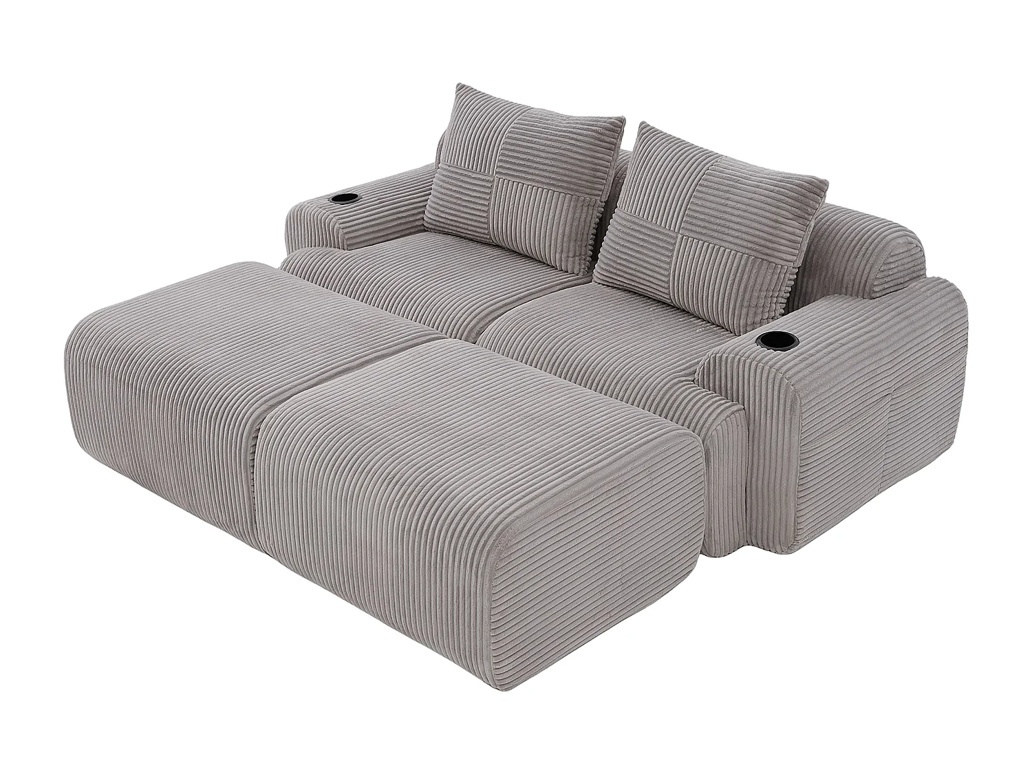 Canapé d'angle Modulable en Velours côtelé, avec porte-gobelets, 2 pouf et 2 coussins, 200x174x80cm, Gris clair