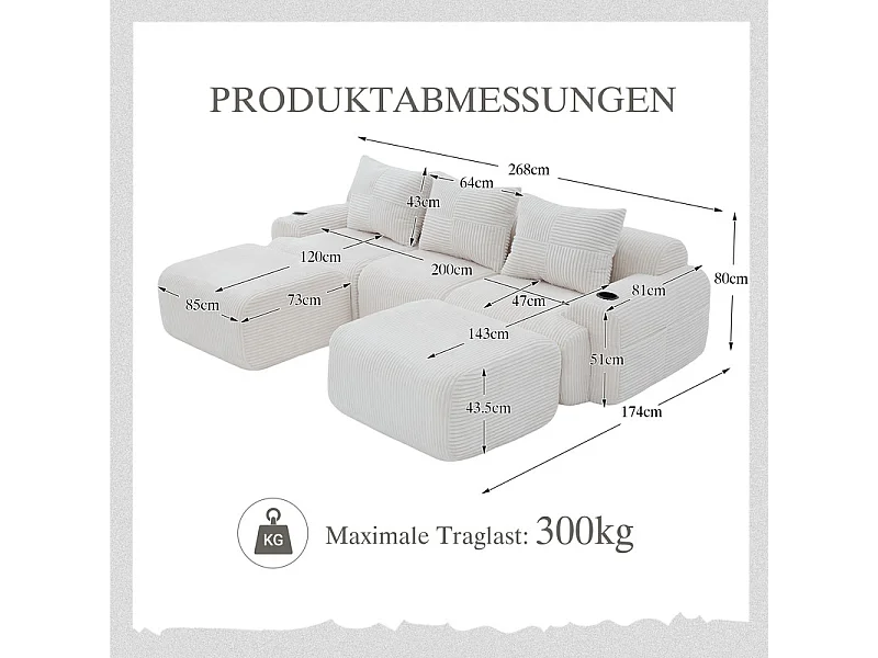 Modulaire hoekbank ribfluweel, bekerhouders, 2 poufs en 3 kussens, 268x174x80cm, Beige