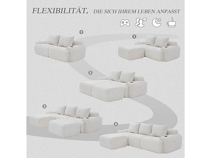 Modulaire hoekbank ribfluweel, bekerhouders, 2 poufs en 3 kussens, 268x174x80cm, Beige