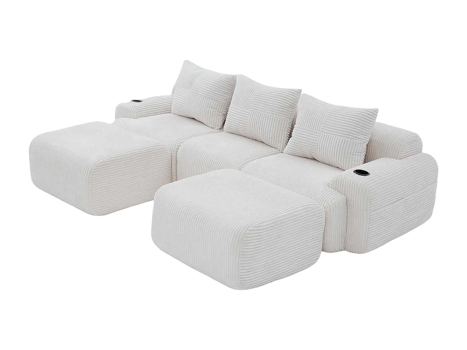 Modulaire hoekbank ribfluweel, bekerhouders, 2 poufs en 3 kussens, 268x174x80cm, Beige
