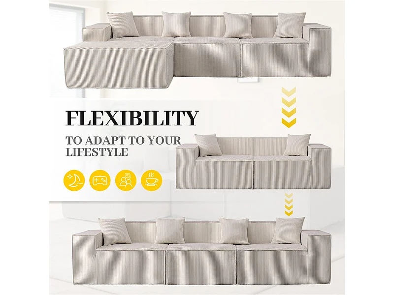 Canapé 3 places d'angle modulable - en Velours côtelé beige - avec pouf et 4 oreillers - 277x165,5x65,5cm