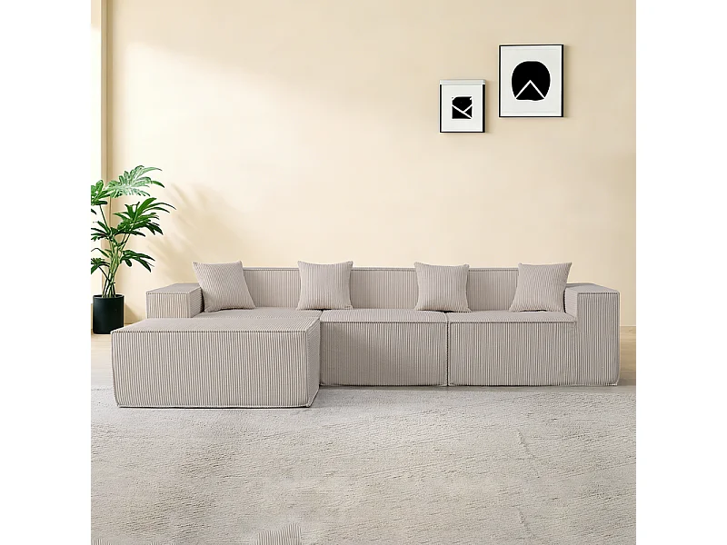 Canapé 3 places d'angle modulable - en Velours côtelé beige - avec pouf et 4 oreillers - 277x165,5x65,5cm