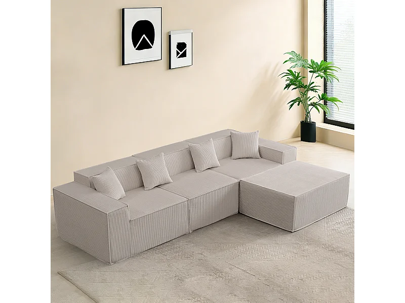 Canapé 3 places d'angle modulable - en Velours côtelé beige - avec pouf et 4 oreillers - 277x165,5x65,5cm