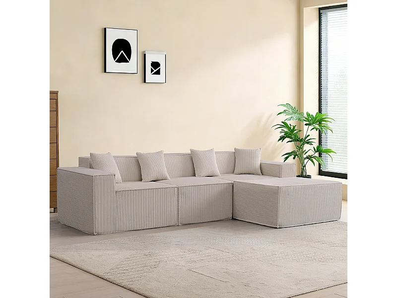 Canapé 3 places d'angle modulable - en Velours côtelé beige - avec pouf et 4 oreillers - 277x165,5x65,5cm