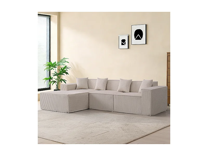 Sofá 3 plazas ángulo modular - Terciopelo acanalado beige - puf y 4 orejeros - 277x165.5x65.5cm
