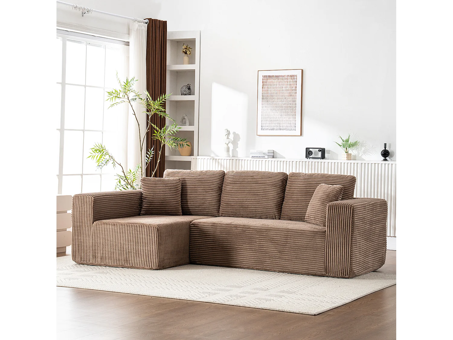 Canapé 3 places d'angle gauche modulable - en Velours côtelé Marron - avec 2 oreillers et méridienne - 258x155x89cm