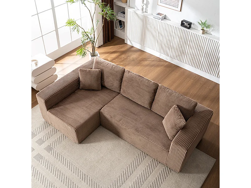 Canapé 3 places d'angle gauche modulable - en Velours côtelé Marron - avec 2 oreillers et méridienne - 258x155x89cm