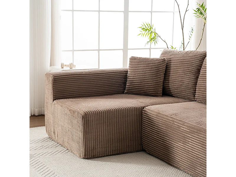 Canapé 3 places d'angle gauche modulable - en Velours côtelé Marron - avec 2 oreillers et méridienne - 258x155x89cm