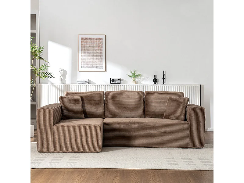 Canapé 3 places d'angle gauche modulable - en Velours côtelé Marron - avec 2 oreillers et méridienne - 258x155x89cm